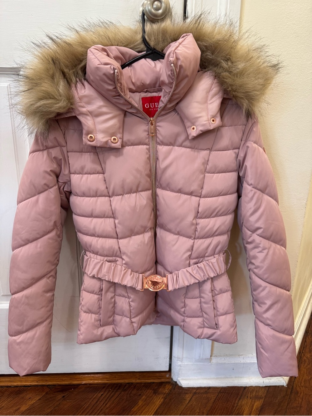 GUESS Pastel Pink Puffer Coat Faux Fur Hood XS
